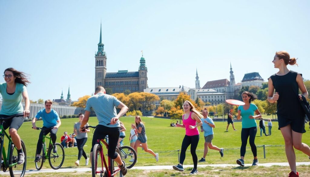 A vibrant scene in Aarhus showcasing active outdoor experiences on a budget. In the foreground, a diverse group of people, including young adults, dressed in casual athletic wear, engaging in various activities like cycling, jogging, and playing frisbee in a park. The middle ground features dynamic landscapes, with green fields and colorful trees, illustrating a lively atmosphere. In the background, iconic Aarhus architecture and a clear blue sky enhance the scene. The lighting is bright and sunny, casting soft shadows, creating an inviting and cheerful mood. The angle captures a wide view, emphasizing the energy of the activities and the beauty of the surroundings, inviting viewers to explore budget-friendly adventures. A vibrant scene in Aarhus showcasing active outdoor experiences on a budget. In the foreground, a diverse group of people, including young adults, dressed in casual athletic wear, engaging in various activities like cycling, jogging, and playing frisbee in a park. The middle ground features dynamic landscapes, with green fields and colorful trees, illustrating a lively atmosphere. In the background, iconic Aarhus architecture and a clear blue sky enhance the scene. The lighting is bright and sunny, casting soft shadows, creating an inviting and cheerful mood. The angle captures a wide view, emphasizing the energy of the activities and the beauty of the surroundings, inviting viewers to explore budget-friendly adventures.