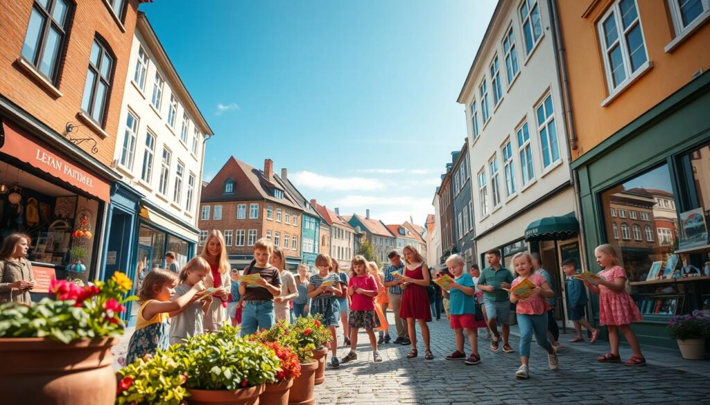 A vibrant scene in the Latin Quarter of Aarhus featuring families with children engaged in a treasure hunt. In the foreground, a group of diverse families—children of various ages holding colorful maps and playing with magnifying glasses—search for hidden treasures among flower pots and old cobblestones. The middle ground highlights charming boutique shops with colorful storefronts and inviting window displays, filled with local crafts and toys. In the background, historical buildings under a clear blue sky create a picturesque setting. Soft, warm sunlight bathes the scene, enhancing the cheerful atmosphere of community and exploration. The angle captures the lively interaction among the families while showcasing the unique character of the Latin Quarter.
