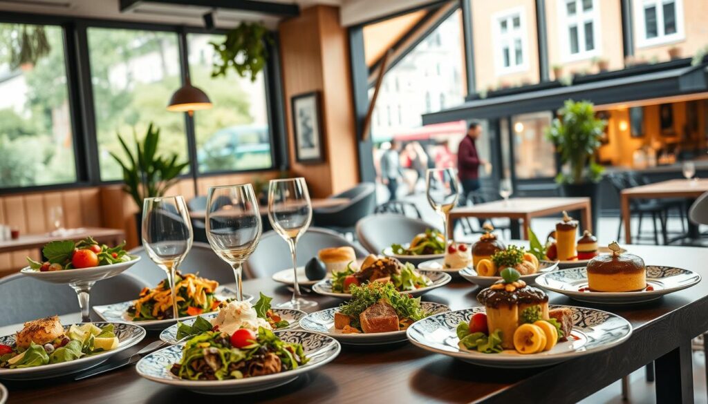 A vibrant scene showcasing award-winning vegan and vegetarian dining in Aarhus. In the foreground, a beautifully arranged table with an enticing array of colorful vegan dishes, including fresh salads, gourmet plant-based entrees, and decadent desserts. Elegant glassware and intricately designed plates enhance the visual appeal. The middle ground features a cozy, stylish restaurant interior with modern decor, soft wooden accents, and ambient lighting that casts a warm glow. In the background, large windows reveal a bustling street of Aarhus, filled with greenery and charming architecture. The atmosphere is inviting and lively, creating a sense of community dining. Capture this scene from a slightly elevated angle for depth, ensuring a balanced composition that emphasizes the delicious food and welcoming environment. A vibrant scene showcasing award-winning vegan and vegetarian dining in Aarhus. In the foreground, a beautifully arranged table with an enticing array of colorful vegan dishes, including fresh salads, gourmet plant-based entrees, and decadent desserts. Elegant glassware and intricately designed plates enhance the visual appeal. The middle ground features a cozy, stylish restaurant interior with modern decor, soft wooden accents, and ambient lighting that casts a warm glow. In the background, large windows reveal a bustling street of Aarhus, filled with greenery and charming architecture. The atmosphere is inviting and lively, creating a sense of community dining. Capture this scene from a slightly elevated angle for depth, ensuring a balanced composition that emphasizes the delicious food and welcoming environment.
