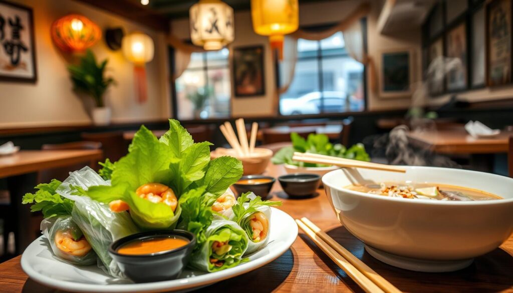 A vibrant scene showcasing traditional Vietnamese cuisine in a cozy restaurant setting in Aarhus. In the foreground, a beautifully arranged plate of fresh summer rolls, elegantly wrapped in rice paper, with bright greens, shrimp, and herbs, paired with a small bowl of peanut dipping sauce. Adjacent, a steaming bowl of aromatic pho, filled with tender beef slices, rice noodles, and topped with fresh basil and lime wedges. In the middle, a wooden table adorned with chopsticks and small dishes, creating a warm, inviting atmosphere. In the background, soft, ambient lighting enhances the cozy interior, with traditional Vietnamese decorations like lanterns and artwork on the walls. The angle captures the essence of dining, evoking an inviting mood, perfect for an article about Vietnamese cuisine in Aarhus.