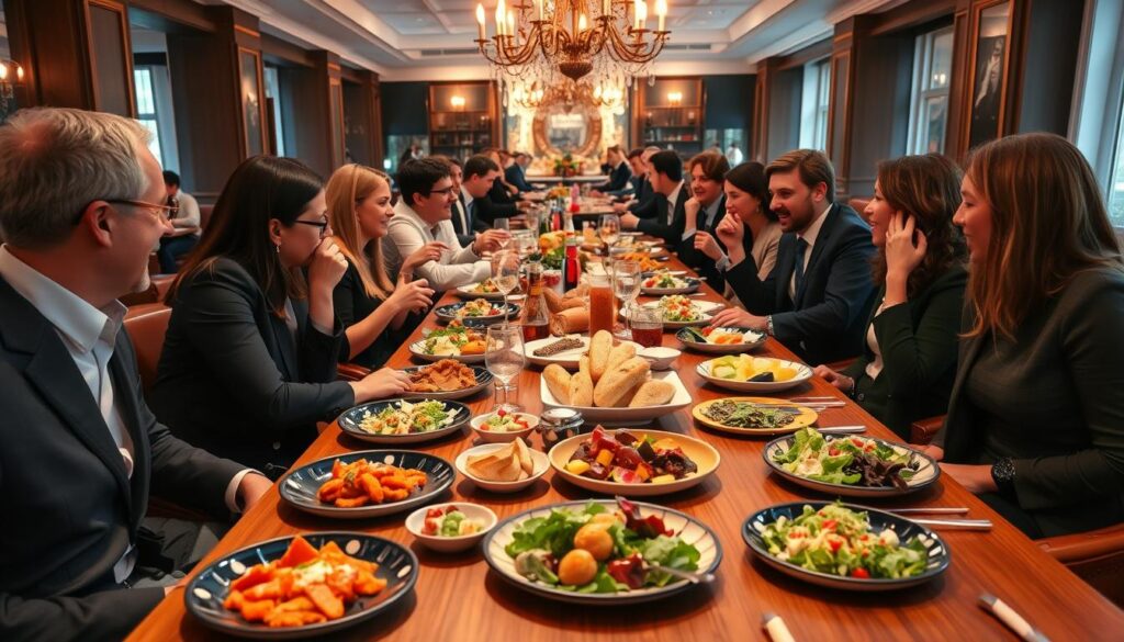 A vibrant social dining experience in Aarhus, showcasing a long wooden table set with beautifully arranged plates of various shareable dishes, including colorful appetizers, fresh salads, and artisanal breads. Surrounding the table, a diverse group of people in professional business attire or modest casual clothing, engaging in lively conversation and laughter, creating a warm and inviting atmosphere. In the background, an elegantly decorated dining space with soft, warm lighting that creates a cozy ambiance. The scene is captured from a slightly elevated angle, with a focus on the table and the interactions among the guests, evoking a sense of community and shared culinary delight. A vibrant social dining experience in Aarhus, showcasing a long wooden table set with beautifully arranged plates of various shareable dishes, including colorful appetizers, fresh salads, and artisanal breads. Surrounding the table, a diverse group of people in professional business attire or modest casual clothing, engaging in lively conversation and laughter, creating a warm and inviting atmosphere. In the background, an elegantly decorated dining space with soft, warm lighting that creates a cozy ambiance. The scene is captured from a slightly elevated angle, with a focus on the table and the interactions among the guests, evoking a sense of community and shared culinary delight.