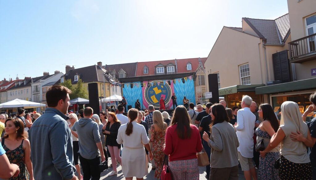 A vibrant street scene at Aarhus Festuge 2023, bustling with people enjoying music and cultural performances. In the foreground, a diverse group of people dressed in stylish, modest casual clothing engage in conversation, while some dance joyfully to live music. The middle ground features a colorful stage adorned with banners, showcasing musical acts and artists, surrounded by food stalls offering local delicacies. In the background, the charming architecture of Aarhus is visible under a clear blue sky, creating a warm and inviting atmosphere. The scene is illuminated by soft, golden sunlight, highlighting the festive ambiance of the celebration. Capture this lively moment from a slightly elevated angle, emphasizing the energy and joy of the cultural festival. A vibrant street scene at Aarhus Festuge 2023, bustling with people enjoying music and cultural performances. In the foreground, a diverse group of people dressed in stylish, modest casual clothing engage in conversation, while some dance joyfully to live music. The middle ground features a colorful stage adorned with banners, showcasing musical acts and artists, surrounded by food stalls offering local delicacies. In the background, the charming architecture of Aarhus is visible under a clear blue sky, creating a warm and inviting atmosphere. The scene is illuminated by soft, golden sunlight, highlighting the festive ambiance of the celebration. Capture this lively moment from a slightly elevated angle, emphasizing the energy and joy of the cultural festival.