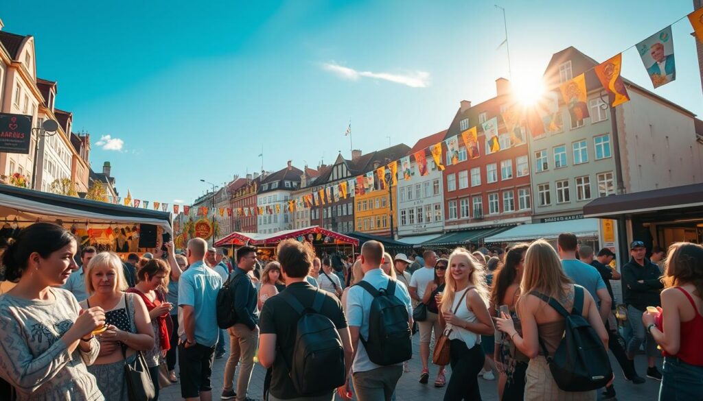 A vibrant street scene during Aarhus Festuge, capturing the essence of the festival's highlights and urban life. In the foreground, a diverse group of individuals in modest casual attire joyfully engage in activities, such as tasting local food and enjoying live music. In the middle ground, festival stalls adorned with colorful decorations showcase artisans and performers, while families and friends mingle nearby. The background features iconic Aarhus architecture under a bright, sunny sky, with banners fluttering in the gentle breeze. Use warm, natural lighting to enhance the festive atmosphere, emphasizing the lively interaction between people and their surroundings. Capture the scene from a slightly elevated perspective to encompass the bustling energy of the event. A vibrant street scene during Aarhus Festuge, capturing the essence of the festival's highlights and urban life. In the foreground, a diverse group of individuals in modest casual attire joyfully engage in activities, such as tasting local food and enjoying live music. In the middle ground, festival stalls adorned with colorful decorations showcase artisans and performers, while families and friends mingle nearby. The background features iconic Aarhus architecture under a bright, sunny sky, with banners fluttering in the gentle breeze. Use warm, natural lighting to enhance the festive atmosphere, emphasizing the lively interaction between people and their surroundings. Capture the scene from a slightly elevated perspective to encompass the bustling energy of the event.