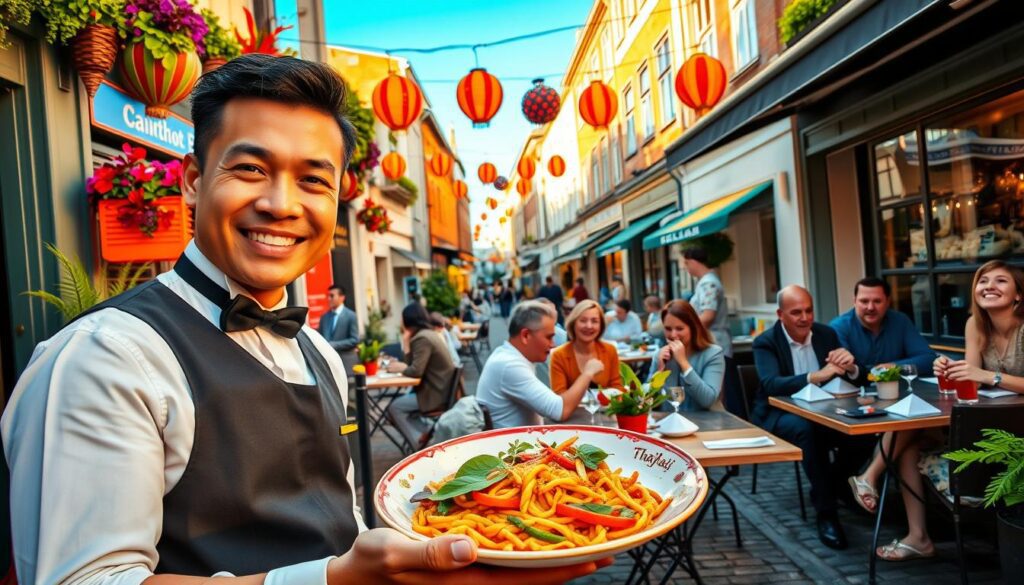 A vibrant street scene in Aarhus, featuring a bustling Thai restaurant with colorful decorations, plants, and lanterns hanging around. In the foreground, a friendly Thai waiter in professional attire serves a beautifully plated dish of Pad Thai, showcasing fresh ingredients and vibrant colors. In the middle ground, diners of diverse backgrounds enjoy their meals at outdoor tables, engaged in conversations and smiles, dressed in casual but neat clothing. The background captures the charming architecture of Aarhus with cobblestone streets under a clear blue sky, inviting atmosphere. The scene is illuminated by warm, golden hour light, creating a welcoming and cozy ambiance. The overall mood is cheerful and lively, emphasizing the joy of experiencing Thai cuisine in Aarhus.