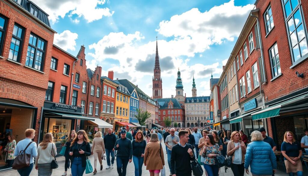 A vibrant street view of Strøget in Aarhus, bustling with shoppers and outdoor cafés. In the foreground, a diverse group of people in stylish, modest casual clothing engage in conversation while carrying shopping bags. The middle ground features a mix of contemporary and classic brick storefronts with inviting window displays showcasing trendy merchandise. Overhead, bright blue skies peek through scattered fluffy clouds, with soft golden sunlight illuminating the scene, creating a warm and inviting atmosphere. In the background, iconic architectural landmarks of Aarhus can be subtly seen, blending into the lively street vibe. The angle is slightly elevated, giving a dynamic perspective that captures the essence of urban life in Aarhus. A vibrant street view of Strøget in Aarhus, bustling with shoppers and outdoor cafés. In the foreground, a diverse group of people in stylish, modest casual clothing engage in conversation while carrying shopping bags. The middle ground features a mix of contemporary and classic brick storefronts with inviting window displays showcasing trendy merchandise. Overhead, bright blue skies peek through scattered fluffy clouds, with soft golden sunlight illuminating the scene, creating a warm and inviting atmosphere. In the background, iconic architectural landmarks of Aarhus can be subtly seen, blending into the lively street vibe. The angle is slightly elevated, giving a dynamic perspective that captures the essence of urban life in Aarhus.