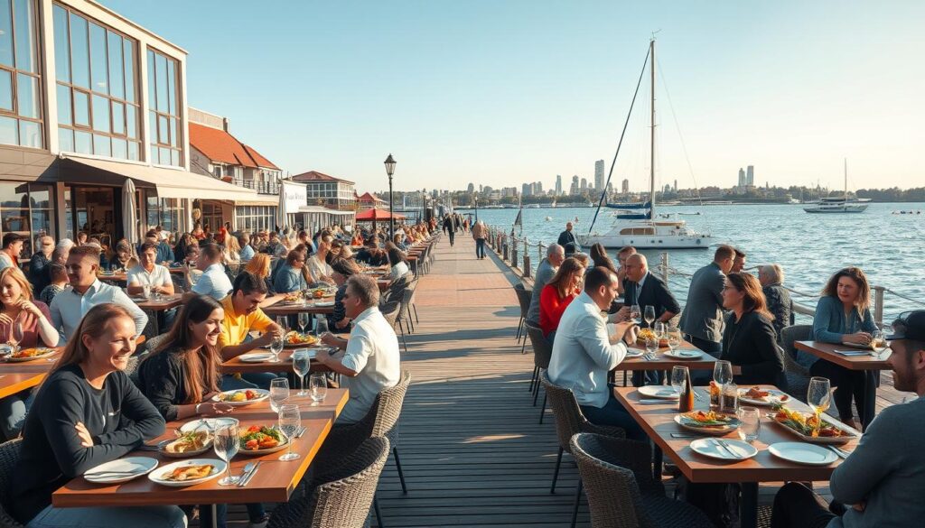 A vibrant waterfront dining scene in Aarhus Ø, showcasing an array of stylish outdoor tables brimming with elegantly presented dishes. In the foreground, a diverse group of people in modest casual clothing enjoys their meals, laughing and conversing. In the middle ground, beautifully crafted wooden boardwalks lead to an array of contemporary restaurants with large glass windows, reflecting the bright afternoon sunlight. In the background, glimpses of serene waters shimmer under a clear blue sky, with boats leisurely sailing by, and the iconic Aarhus skyline stretching majestically. The atmosphere is lively and inviting, evoking a sense of community and culinary delight at the water's edge. Use warm, natural lighting to enhance the lively mood, shot from a slightly elevated angle to capture the full essence of the scene. A vibrant waterfront dining scene in Aarhus Ø, showcasing an array of stylish outdoor tables brimming with elegantly presented dishes. In the foreground, a diverse group of people in modest casual clothing enjoys their meals, laughing and conversing. In the middle ground, beautifully crafted wooden boardwalks lead to an array of contemporary restaurants with large glass windows, reflecting the bright afternoon sunlight. In the background, glimpses of serene waters shimmer under a clear blue sky, with boats leisurely sailing by, and the iconic Aarhus skyline stretching majestically. The atmosphere is lively and inviting, evoking a sense of community and culinary delight at the water's edge. Use warm, natural lighting to enhance the lively mood, shot from a slightly elevated angle to capture the full essence of the scene.