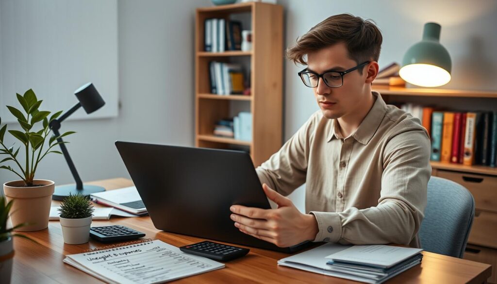 A well-organized workspace featuring a young adult sitting at a desk, reviewing a detailed budget plan on a laptop, surrounded by financial documents and a calculator. In the foreground, a notepad filled with notes on unexpected expenses is visible, while a potted plant adds a touch of life. The middle ground includes a well-lit desk lamp casting a warm glow, enhancing focus on the task. The background shows a neatly arranged bookshelf with personal finance books. The scene conveys a sense of determination and professionalism with soft, natural lighting, emphasizing the importance of managing finances wisely. The overall mood is calm and focused, suitable for a budgeting theme.